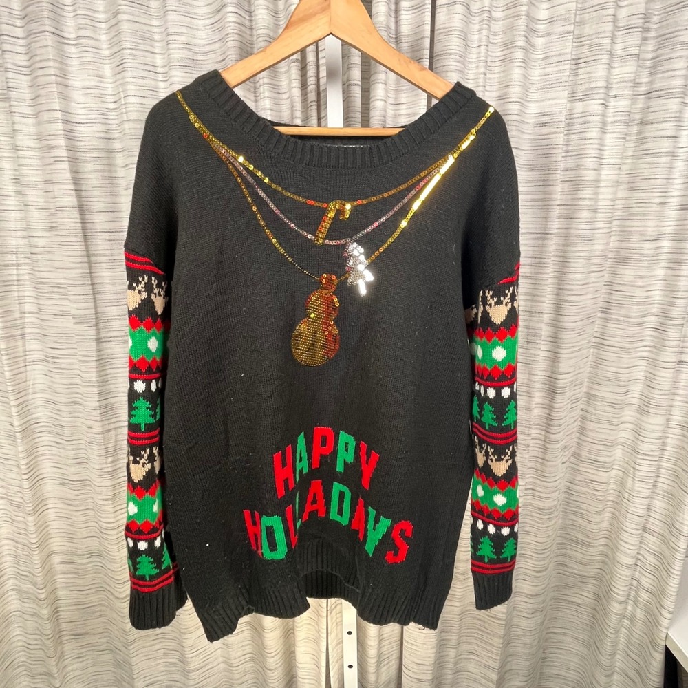 Unbranded Holiday Sweater Black Womens 2X Sequin Fair Isle Excellent